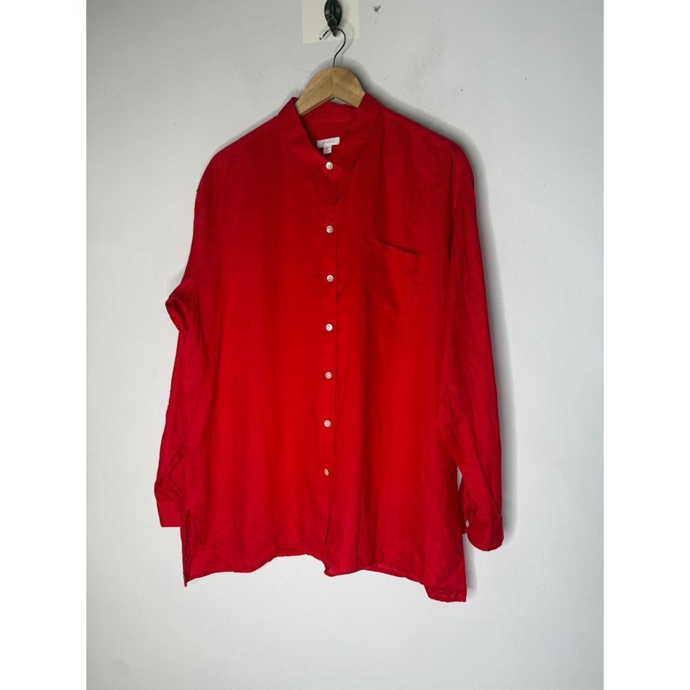 J. Jill Love Linen Red Button Down Shirt Long Sleeve Pocket Top Large Tall